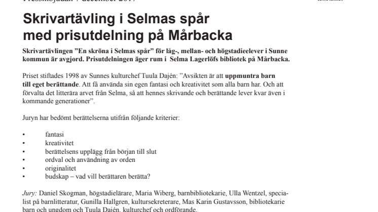 Skrivartävling i Selmas spår med prisutdelning på Mårbacka