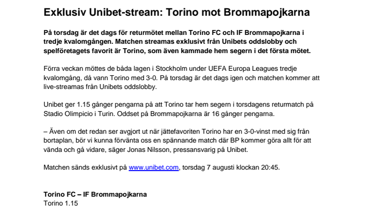 Exklusiv Unibet-stream: Torino mot Brommapojkarna 