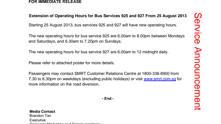 Extension of Operating Hours for Bus Services 925 and 927 From 25 August 2013