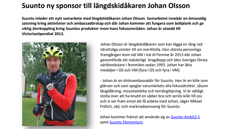 Suunto ny sponsor till längdskidåkaren Johan Olsson