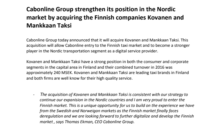 Cabonline Group strengthen its position in the Nordic market by acquiring the Finnish companies Kovanen and Mankkaan Taksi  