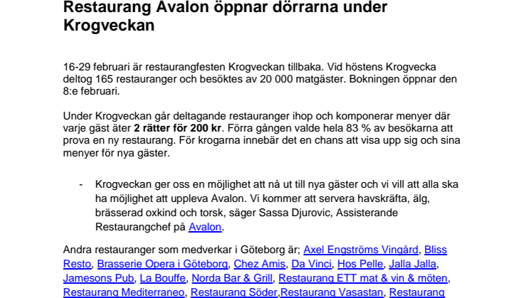 Restaurang Avalon i Göteborg öppnar dörrarna under Krogveckan