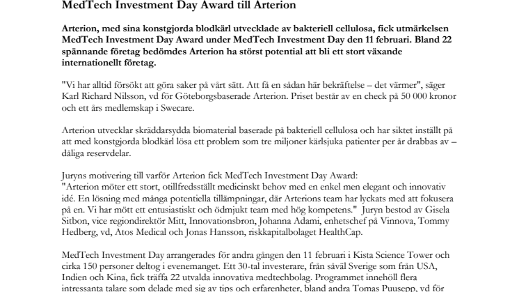 MedTech Investment Day Award till Arterion
