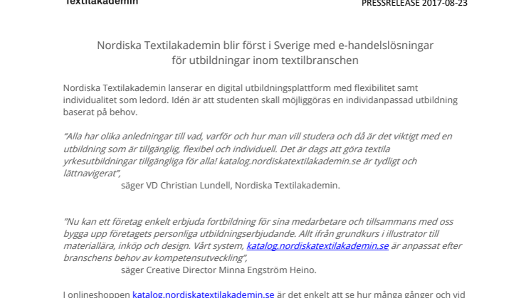 Nordiska Textilakademin blir först i Sverige med e-handelslösningar för utbildningar inom textilbranschen