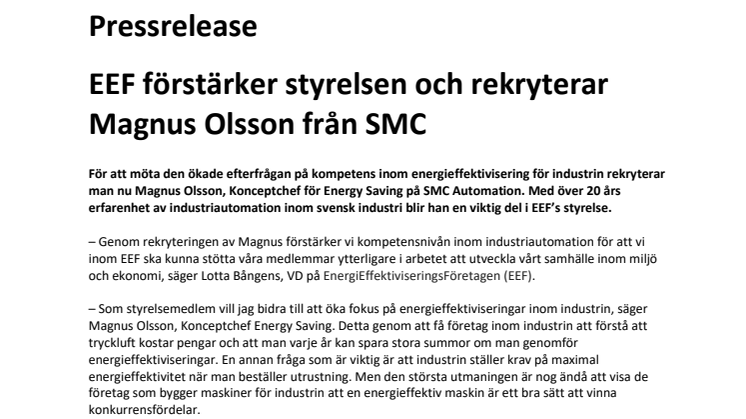 EEF förstärker styrelsen och rekryterar Magnus Olsson från SMC