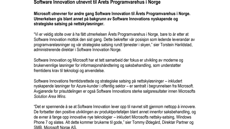 Software Innovation utnevnt til Årets Programvarehus i Norge 