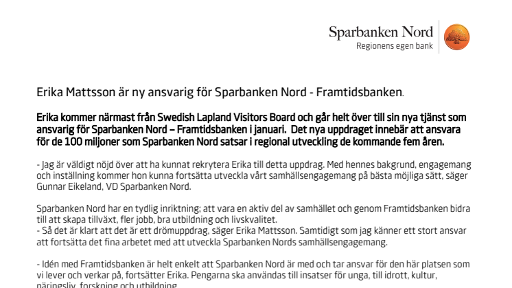 Erika Mattsson är ny ansvarig för Sparbanken Nord - Framtidsbanken