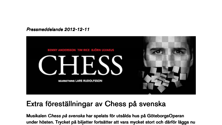 Extra föreställningar av Chess på svenska