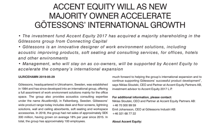 ACCENT EQUITY WILL AS NEW MAJORITY OWNER ACCELERATE GÖTESSONS’ INTERNATIONAL GROWTH