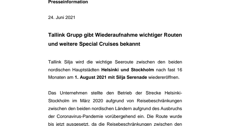 Tallink Grupp gibt Wiederaufnahme wichtiger Routen und weitere Special Cruises bekannt