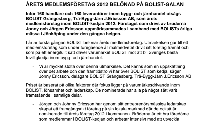 ÅRETS MEDLEMSFÖRETAG 2012 BELÖNAD PÅ BOLIST-GALAN