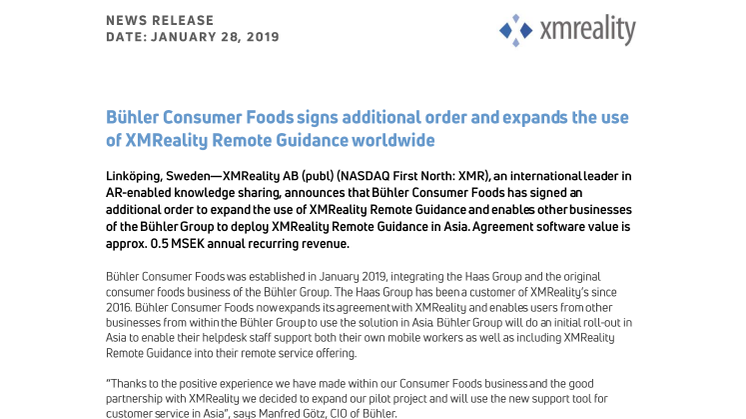 Bühler Consumer Foods signs additional order and expands the use of XMReality Remote Guidance worldwide