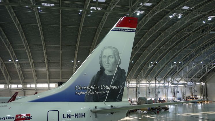 Chistopher Columbus' tail hero (LN-NIH) at Norwegian's hangar in Oslo.