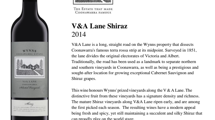 Tasting Notes Wynns V&A Lane Shiraz 2014