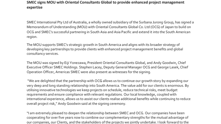 SMEC signs MOU with Oriental Consultants Global to provide enhanced project management expertise