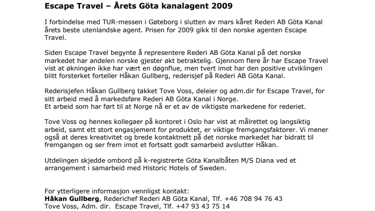 Escape Travel – Årets Göta kanalagent 2009