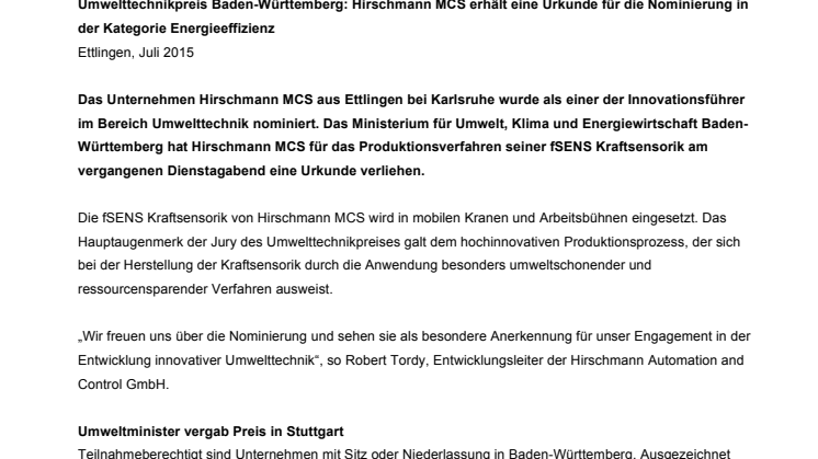 Umwelttechnikpreis Baden-Württemberg: Hirschmann MCS erhält eine Urkunde für die Nominierung in der Kategorie Energieeffizienz 