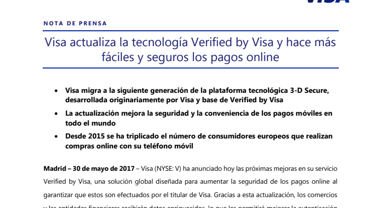 Visa actualiza la tecnología Verified by Visa y hace más fáciles y seguros los pagos online