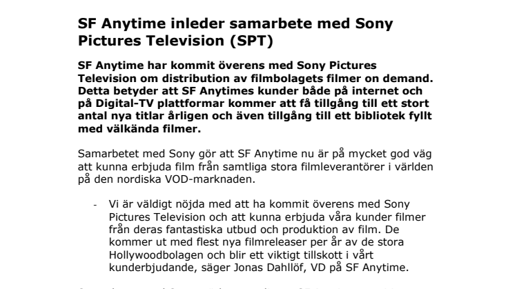 SF Anytime inleder samarbete med Sony Pictures Television 