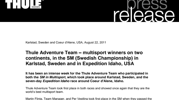 Thule Adventure Team – multisport winners on two continents, in the SM (Swedish Championship) in Karlstad, Sweden and in Expedition Idaho, USA 