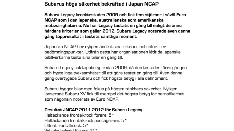 Subarus höga säkerhet bekräftad i Japan NCAP