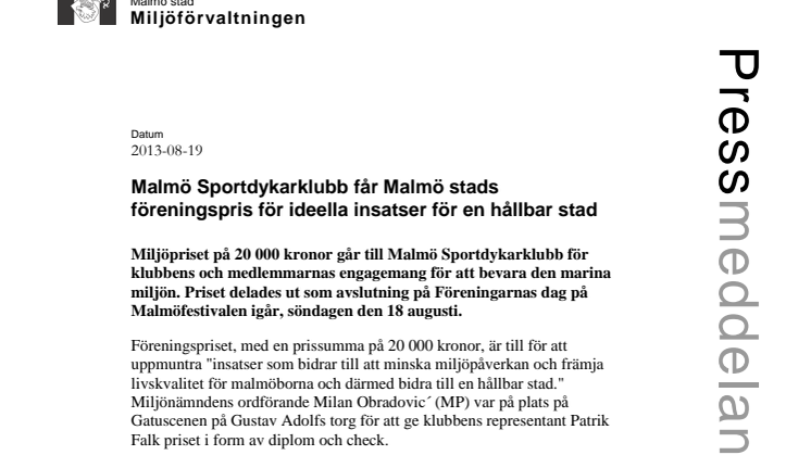 Malmö stads miljöpris till Malmö Sportdykarklubb