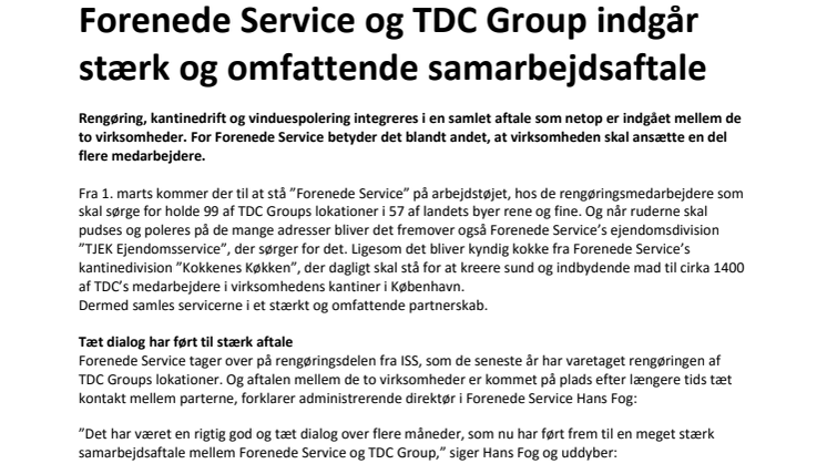 Forenede Service og TDC Group indgår stærk og omfattende samarbejdsaftale 