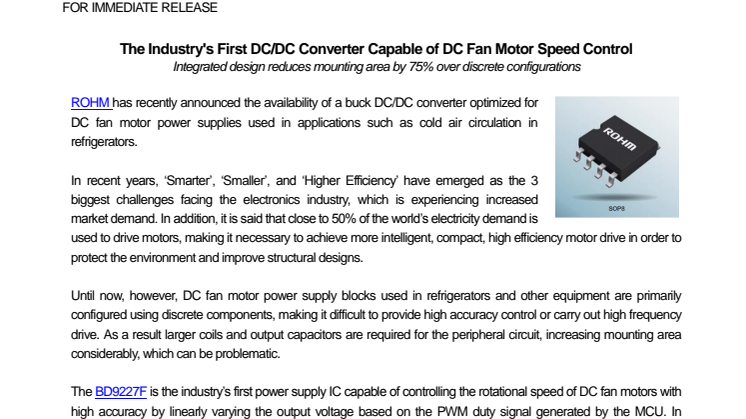 The Industry's First DC/DC Converter Capable of DC Fan Motor Speed Control ---Integrated design reduces mounting area by 75% over discrete configurations