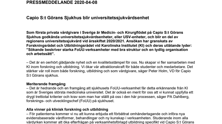 ​Capio S:t Görans Sjukhus blir universitetssjukvårdsenhet