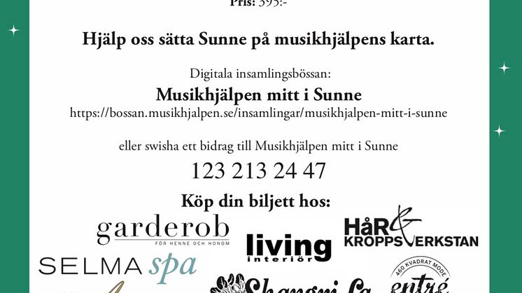 Sunne tar plats på Musikhjälpens karta, 12 december, med en modevisning där flera av modellerna har funktionsvariationer samt med en föreläsning av guldmedaljören i paralympics Anders Olsson.