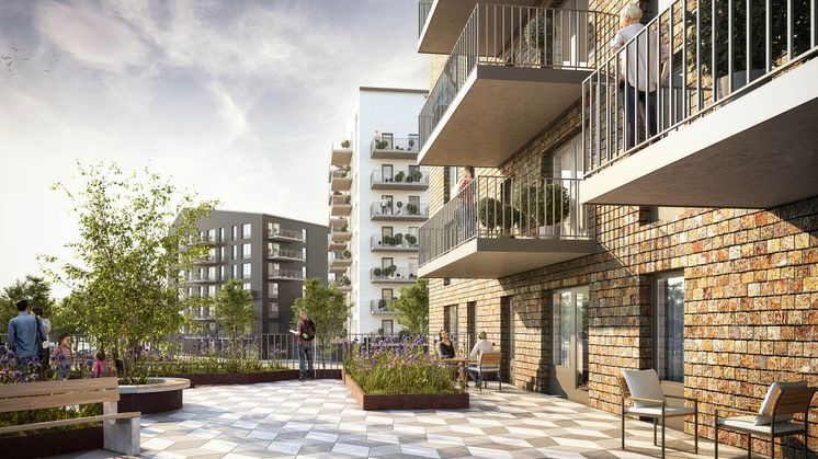 De nya husen på Bäckby planeras få stora gemensamma terrasser på våning 8 och 10.
