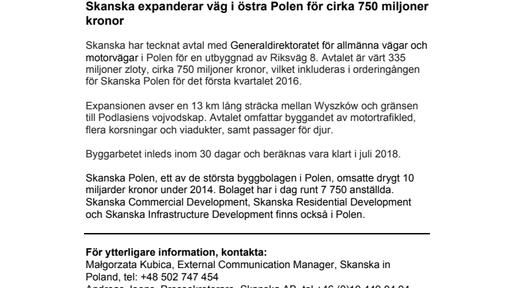 Skanska expanderar väg i östra Polen för cirka 750 miljoner kronor