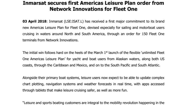 Inmarsat secures first Americas Leisure Plan order from Network Innovations for Fleet One