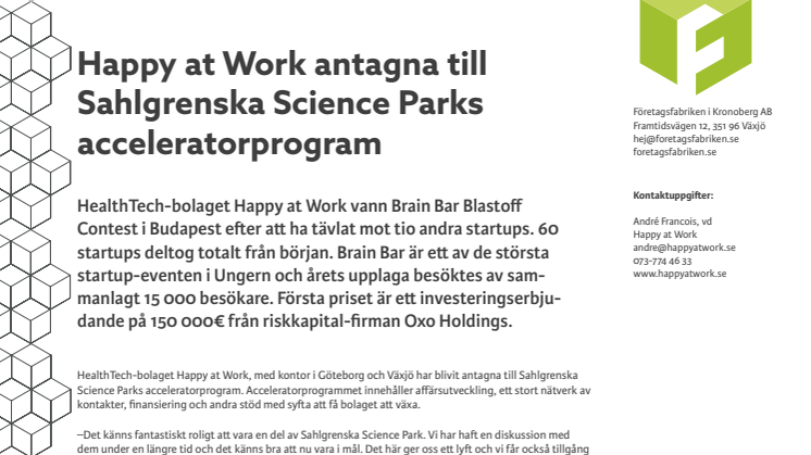 Happy at Work antagna till Sahlgrenska Science Parks acceleratorprogram