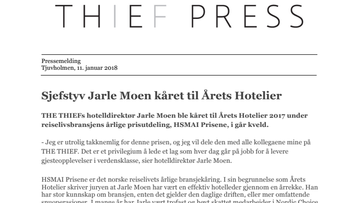 Sjefstyv Jarle Moen kåret til Årets Hotelier