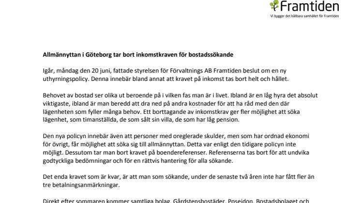 Allmännyttan i Göteborg tar bort inkomstkraven för bostadssökande