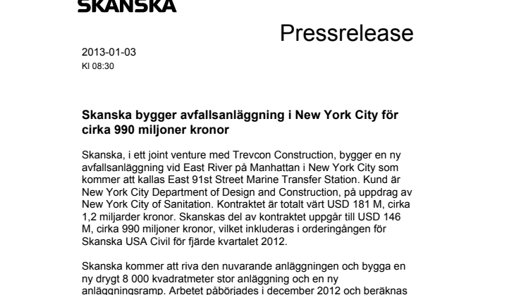 Skanska bygger avfallsanläggning i New York City för cirka 990 miljoner kronor