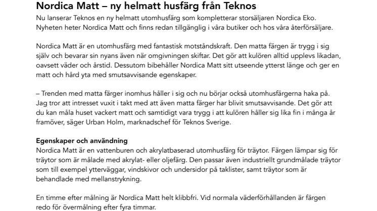 Nordica Matt – ny helmatt husfärg från Teknos