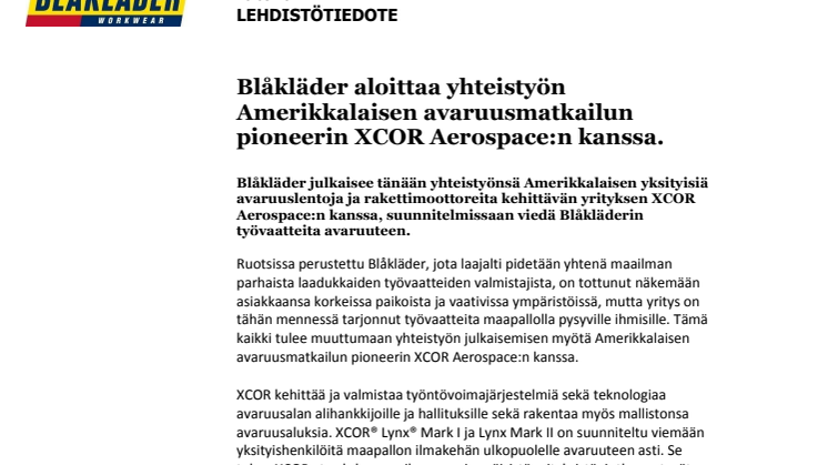 Blåkläder aloittaa yhteistyön Amerikkalaisen avaruusmatkailun pioneerin XCOR Aerospace:n kanssa