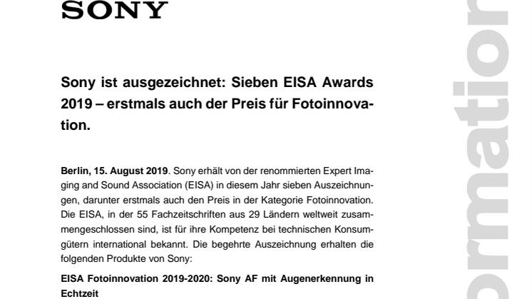 Sony ist ausgezeichnet: Sieben EISA Awards 2019 – erstmals auch der Preis für Fotoinnovation. 