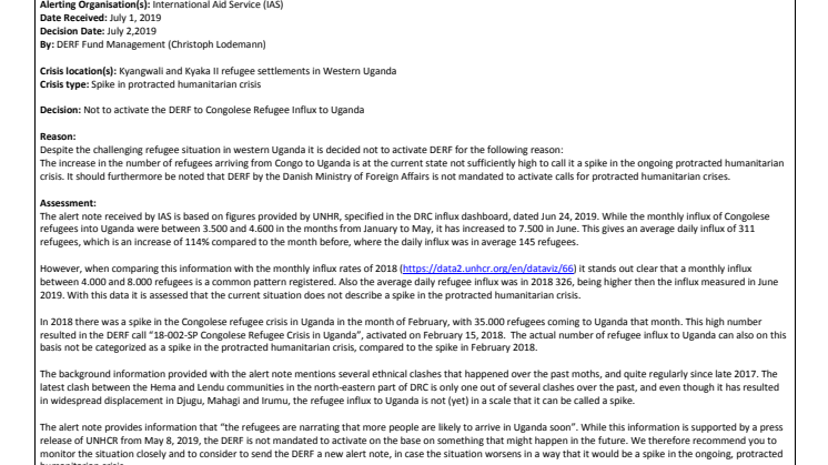 19-011-SP Congolese Refugee Influx - Uganda Alert 