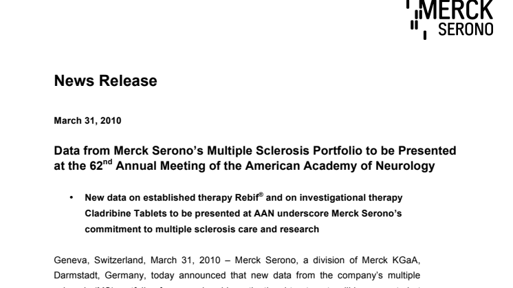 Data from Merck Serono’s Multiple Sclerosis Portfolio to be Presented at the 62nd Annual Meeting of the American Academy of Neurology