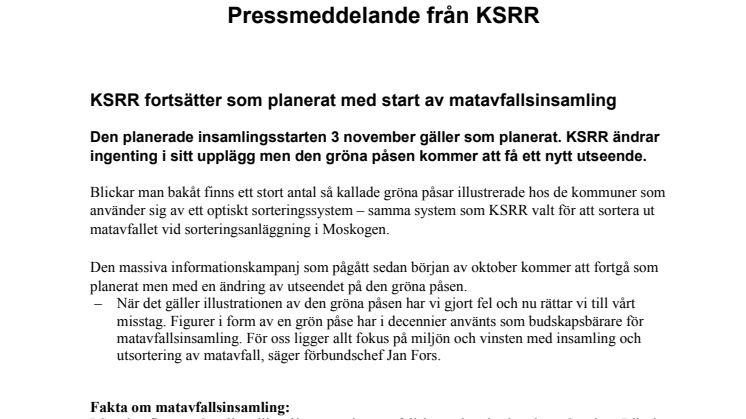 KSRR fortsätter som planerat med start av matavfallsinsamling