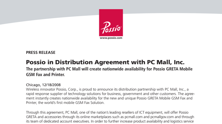 Possio in Distribution Agreement with PC Mall, Inc.