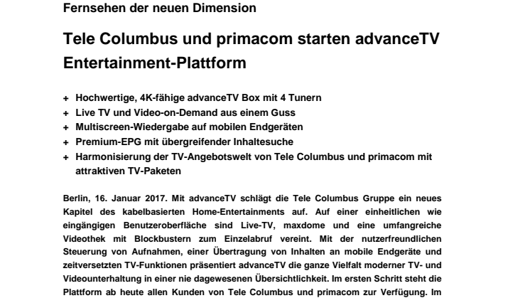 Tele Columbus und primacom starten advanceTV Entertainment-Plattform
