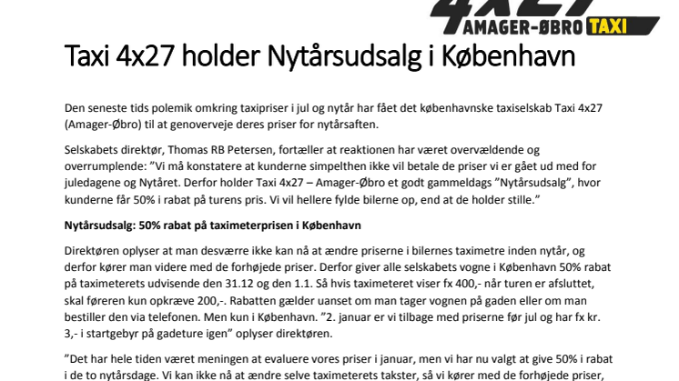 Taxipriser i København: Taxi 4x27 holder NYTÅRSUDSALG den 31.12 og 1.1