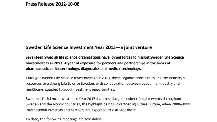 SwedenBIO initiative: Sweden Life Science Investment Year 2013—a joint venture