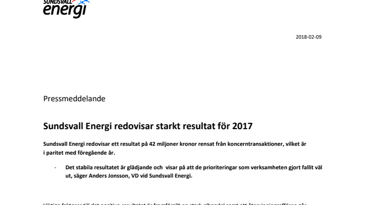 Sundsvall Energi redovisar starkt resultat för 2017
