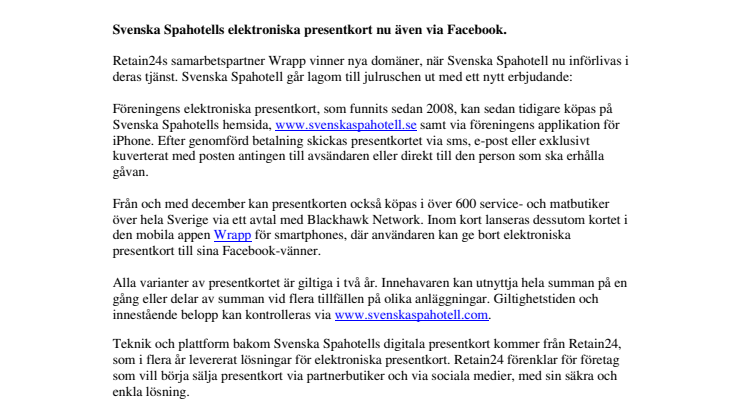 Svenska Spahotells elektroniska presentkort nu även via Facebook.
