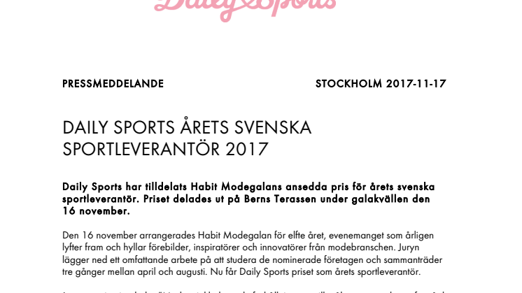 DAILY SPORTS ÅRETS SVENSKA SPORTLEVERANTÖR 2017